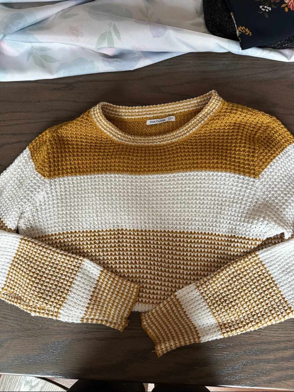 Pink Clover Mustard and Cream Striped Waffle Knit Crew Sweater